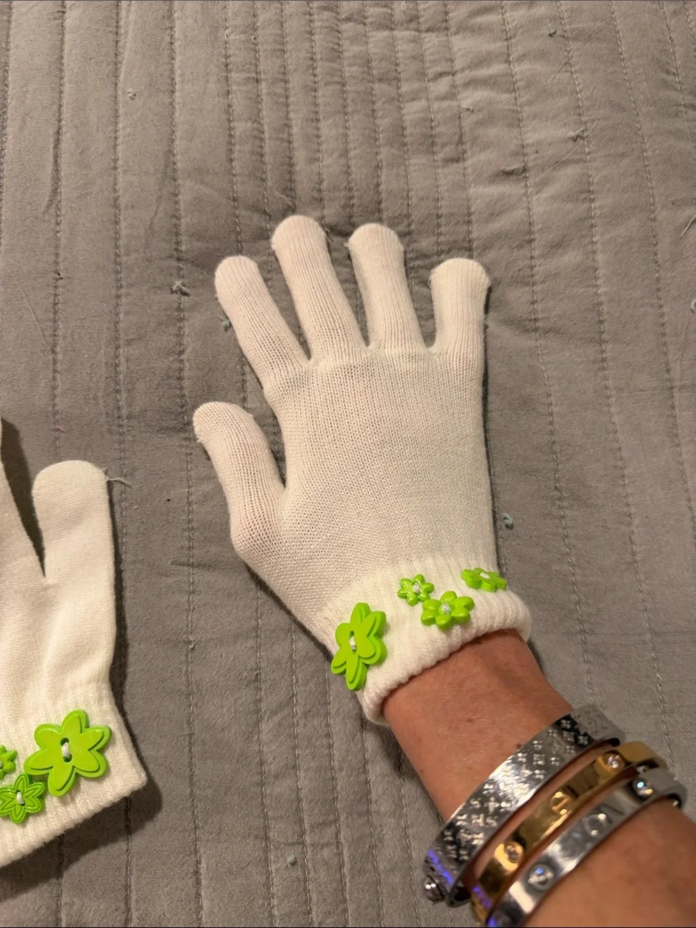 Kids White Gloves with Green Flower Accents